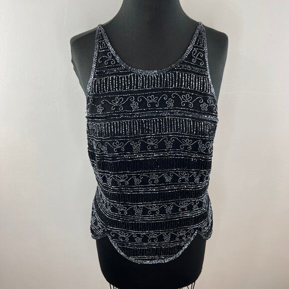 VINTAGE Stenay Black Gray Beaded Silk High Neck Tank Sparkle Scalloped VTG XL - Picture 2 of 8